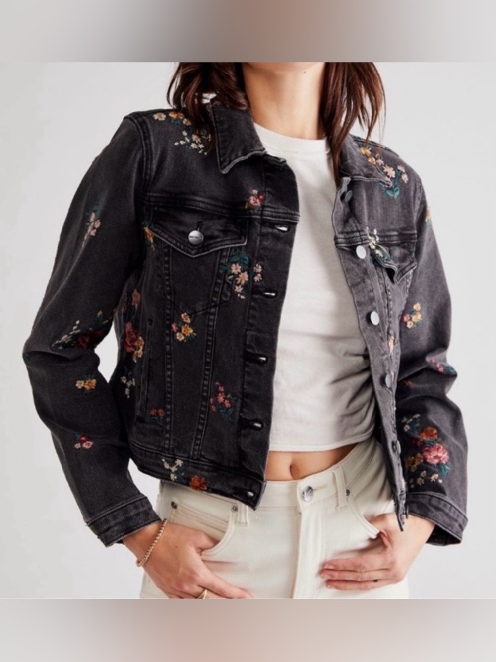 Free People Driftwood floral embroidered denim jacket